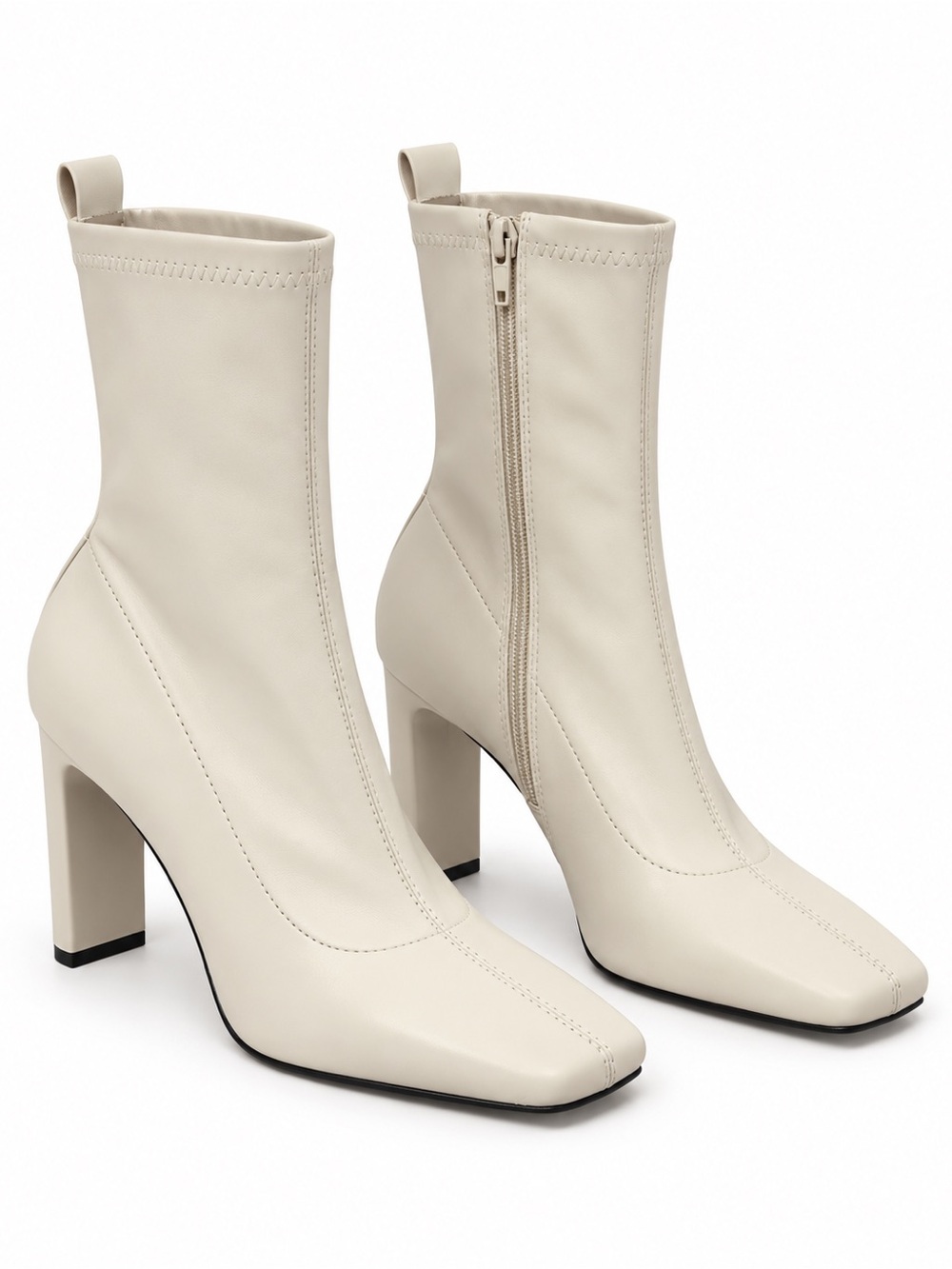 Women's Cream Square-Toe Block Heel Ankle Boots